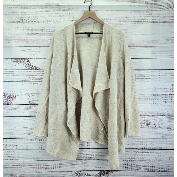 EILEEN FISHER Cardigan Womens L Organic Cotton Wool Drape Open Front L/S Beige - Picture 1 of 6